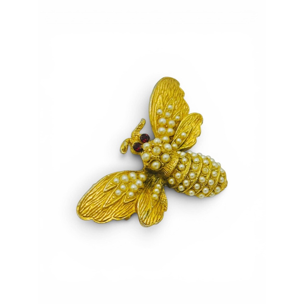 Vintage Gold-Tone Bee Brooch | Faux Seed Pearl Cabochons & Red Rhinestone Eyes - Picture 2 of 7